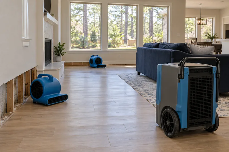Conceptual air movers and a dehumidifier after bulk water removal